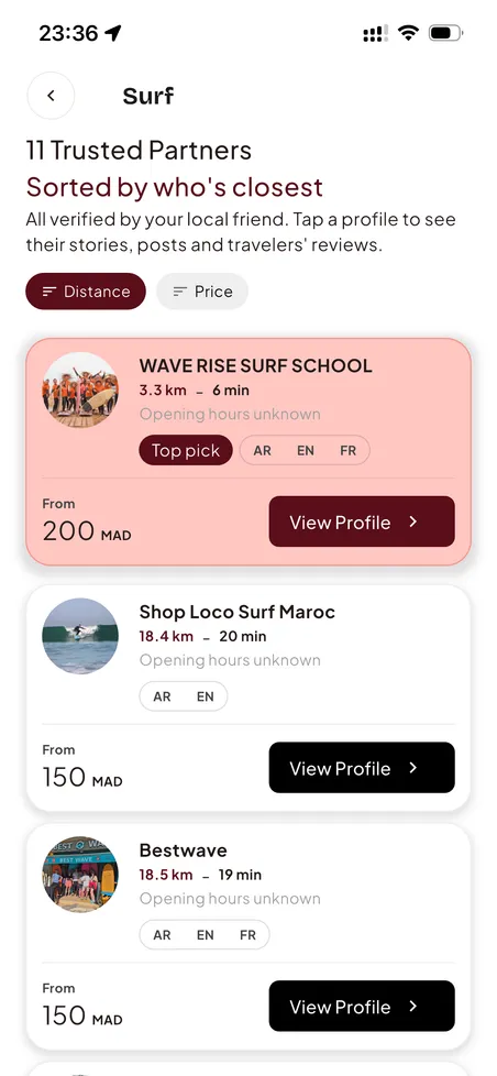 Teefun partners screen: verified local guides with reviews, sorted by distance