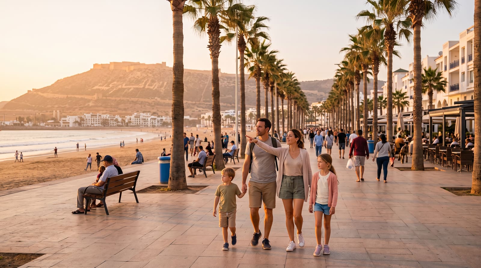 A week's worth of family activities in Agadir laid out day by day, the kind of paced itinerary Teefun's app builds automatically.