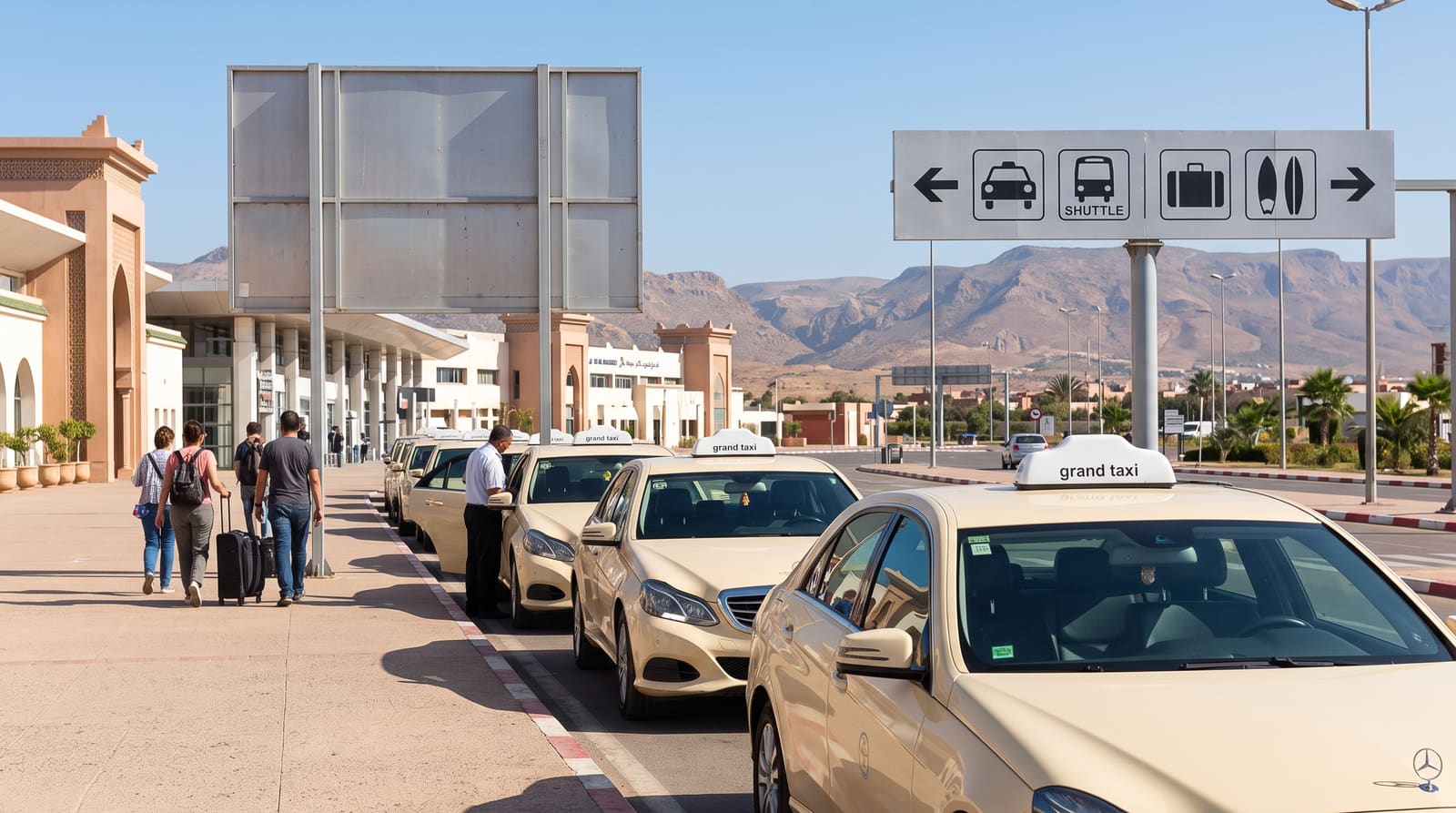 Grand taxis lined up outside Agadir Al Massira Airport arrivals, the first logistics decision a Teefun-planned trip helps you sort out.