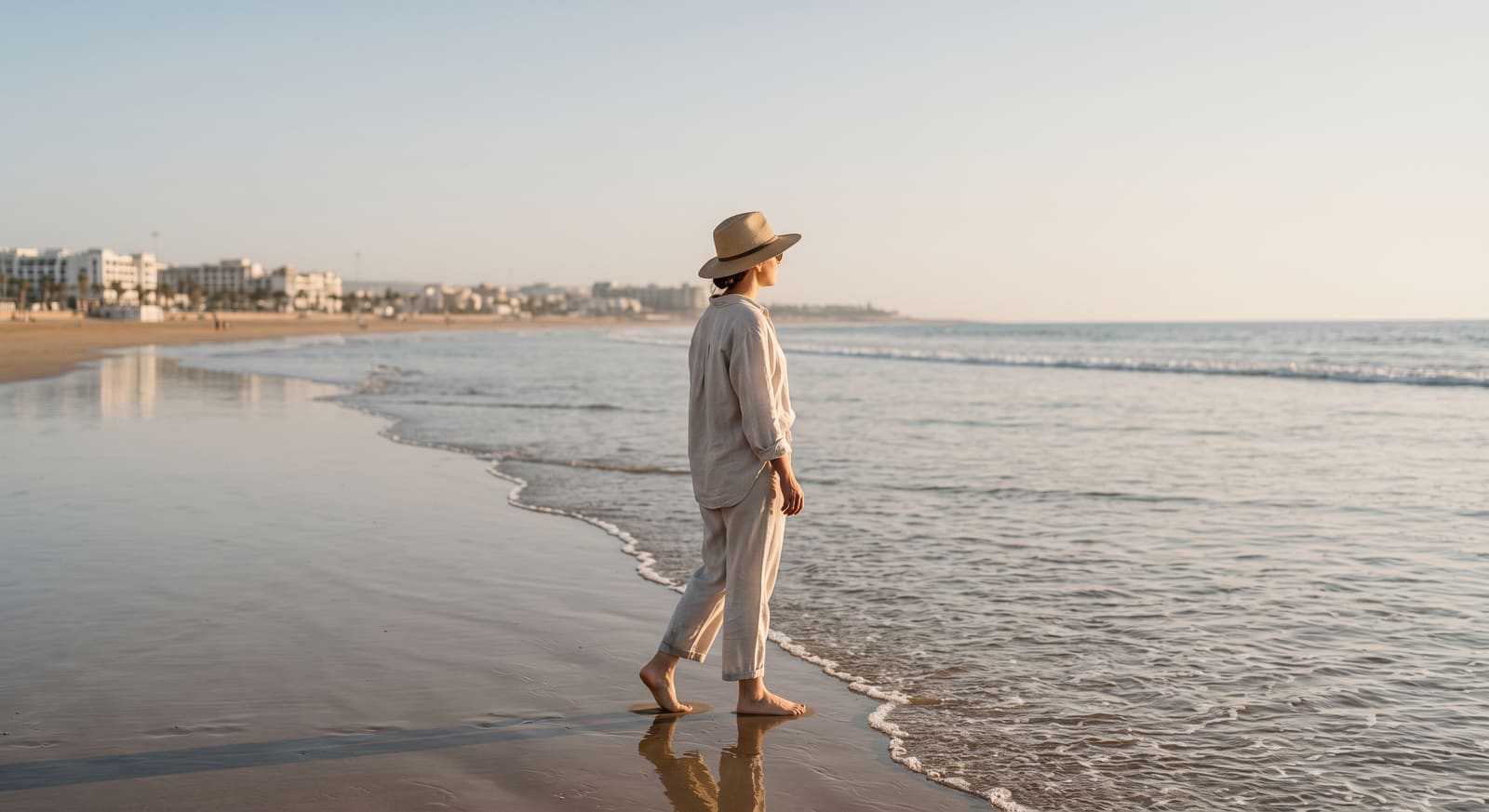 A person walking along Agadir's beach corniche at sunset, the kind of unhurried walk Teefun helps you plan into a trip.