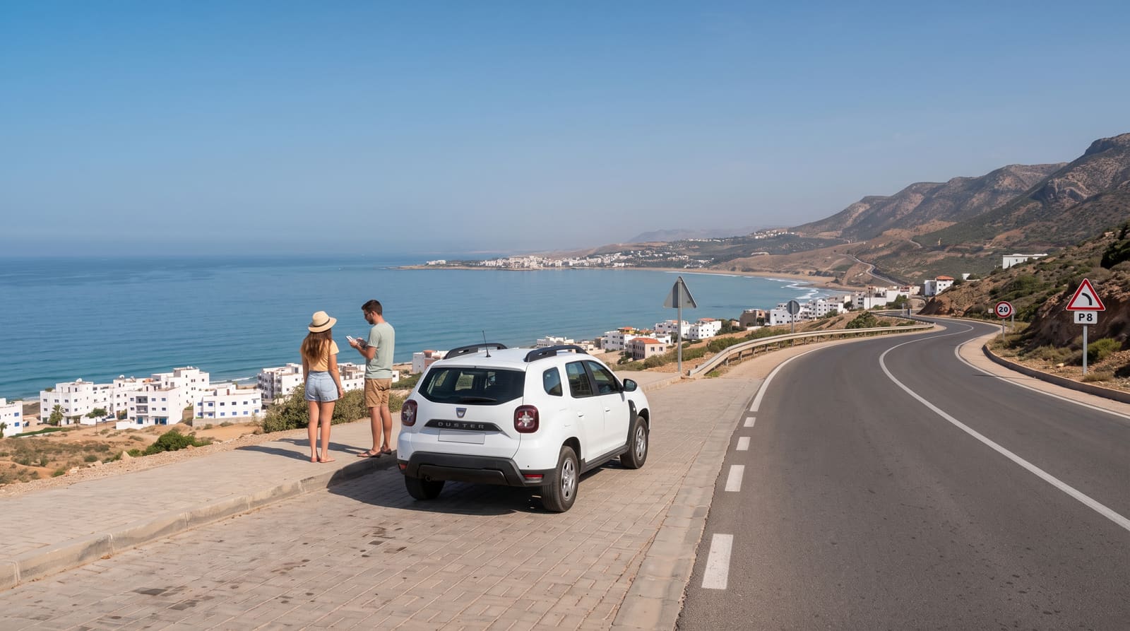 A rental car on the coastal road north of Agadir, Morocco, the kind of day trip Teefun helps travelers plan and sequence.