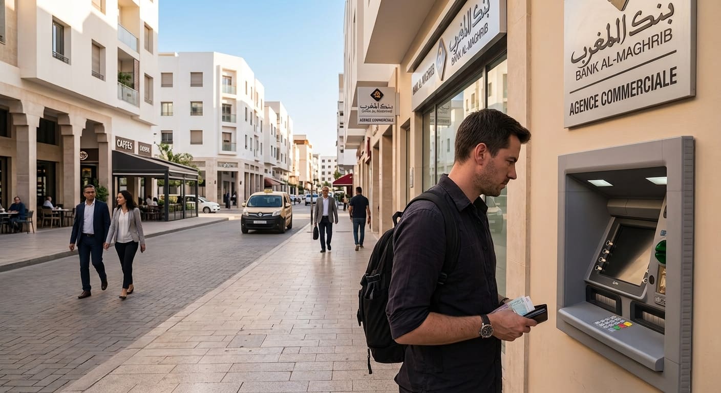 A bank ATM on a street in central Agadir, part of the practical planning Teefun helps travelers sort out before their trip.