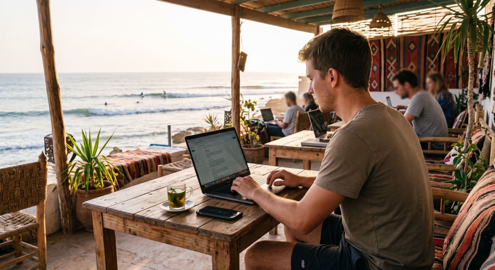 Agadir digital nomad guide: laptop and coffee at a café along the corniche, Morocco