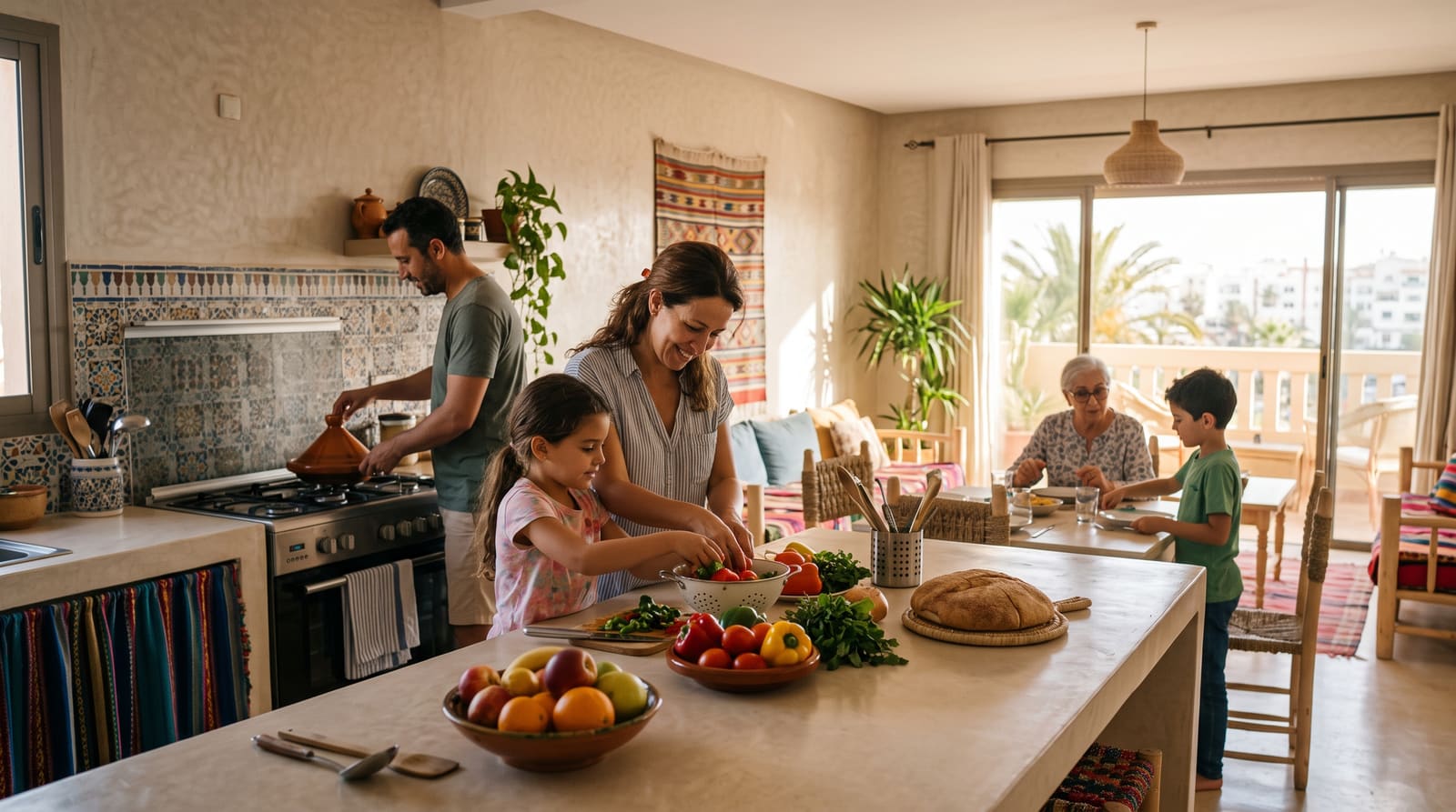 A family cooking together in a furnished apartment kitchen in Agadir, one accommodation option a Teefun-planned trip can help you weigh.