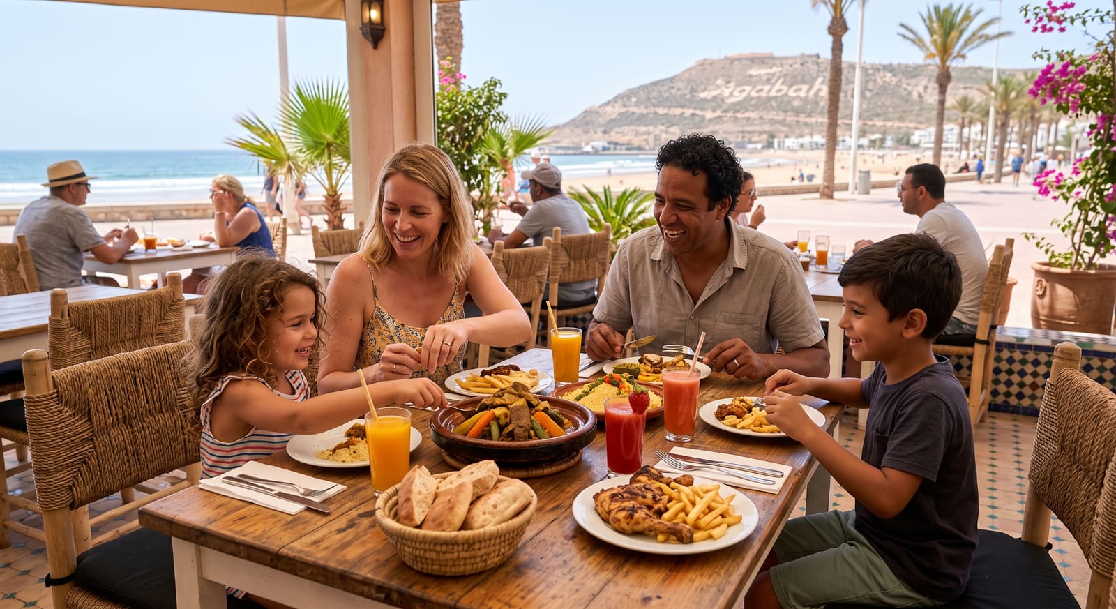 A family sharing a meal at an outdoor restaurant table in Agadir, part of the everyday planning a Teefun-built trip covers.