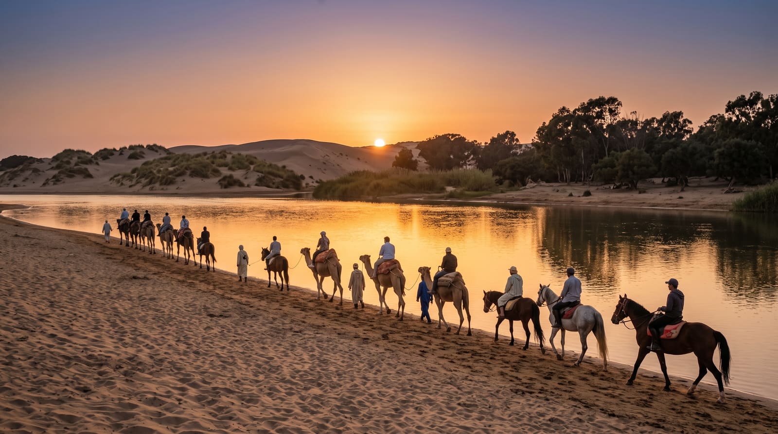 Camels walking along the Souss Massa river near Agadir at sunset, part of a Teefun-planned day trip.