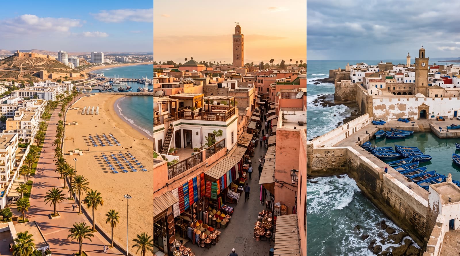 A split view contrasting Agadir's beach promenade with a Marrakech souk alley, part of an honest cost comparison for a Teefun-planned Morocco trip.