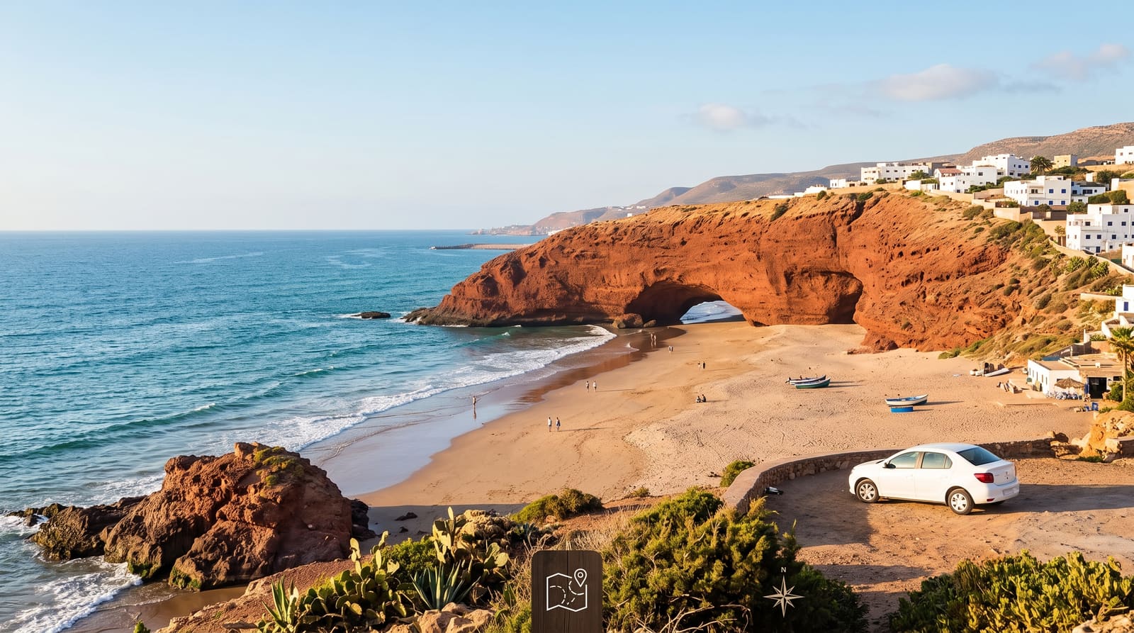 Mirleft beach and red cliffs in Morocco, reachable on day trips planned with the Teefun travel app.
