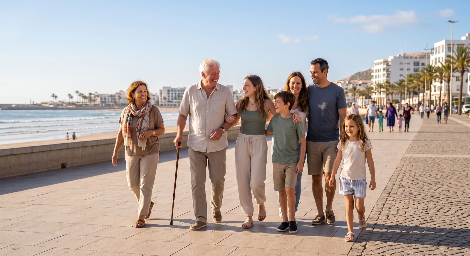 Three generations of a family walking together on Agadir's flat beach promenade, the kind of easy multigenerational day a Teefun-planned trip supports.