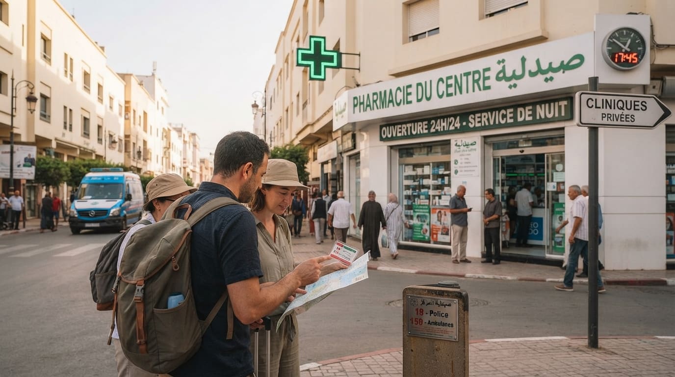 A pharmacy sign on a street in central Agadir, Morocco, part of the practical health information Teefun's guides cover.