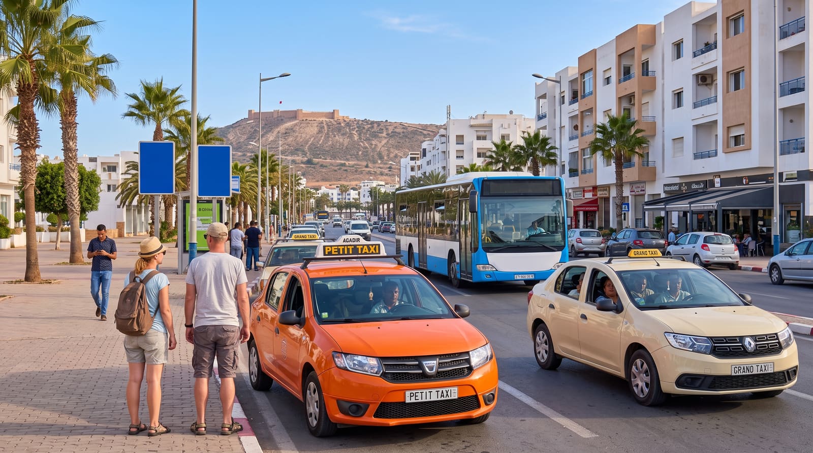 An orange petit taxi driving along Agadir's beachfront boulevard, Morocco, the kind of everyday logistics Teefun plans around.