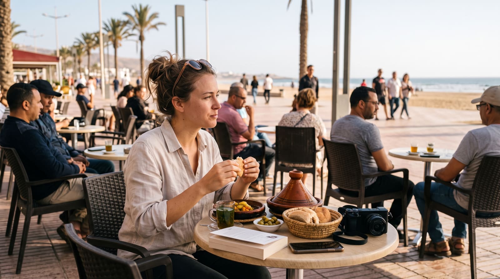 A solo diner enjoying a meal at an outdoor café table facing Agadir's corniche, part of a practical guide for a Teefun-planned solo trip.