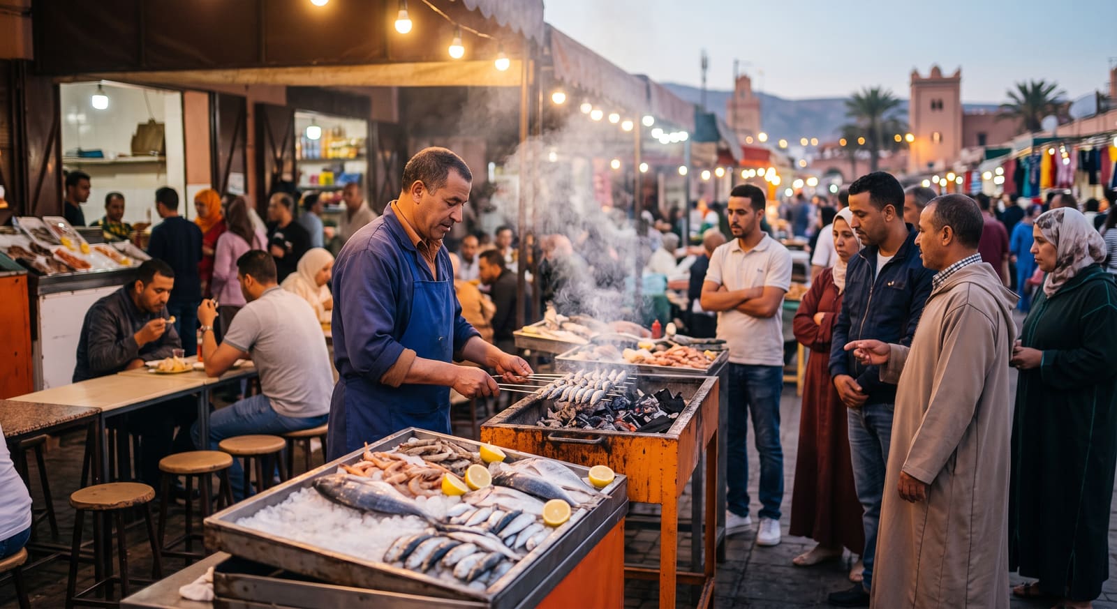 Freshly grilled sardines at a street food stall in Agadir, Morocco, part of an honest food safety guide for a Teefun-planned trip.