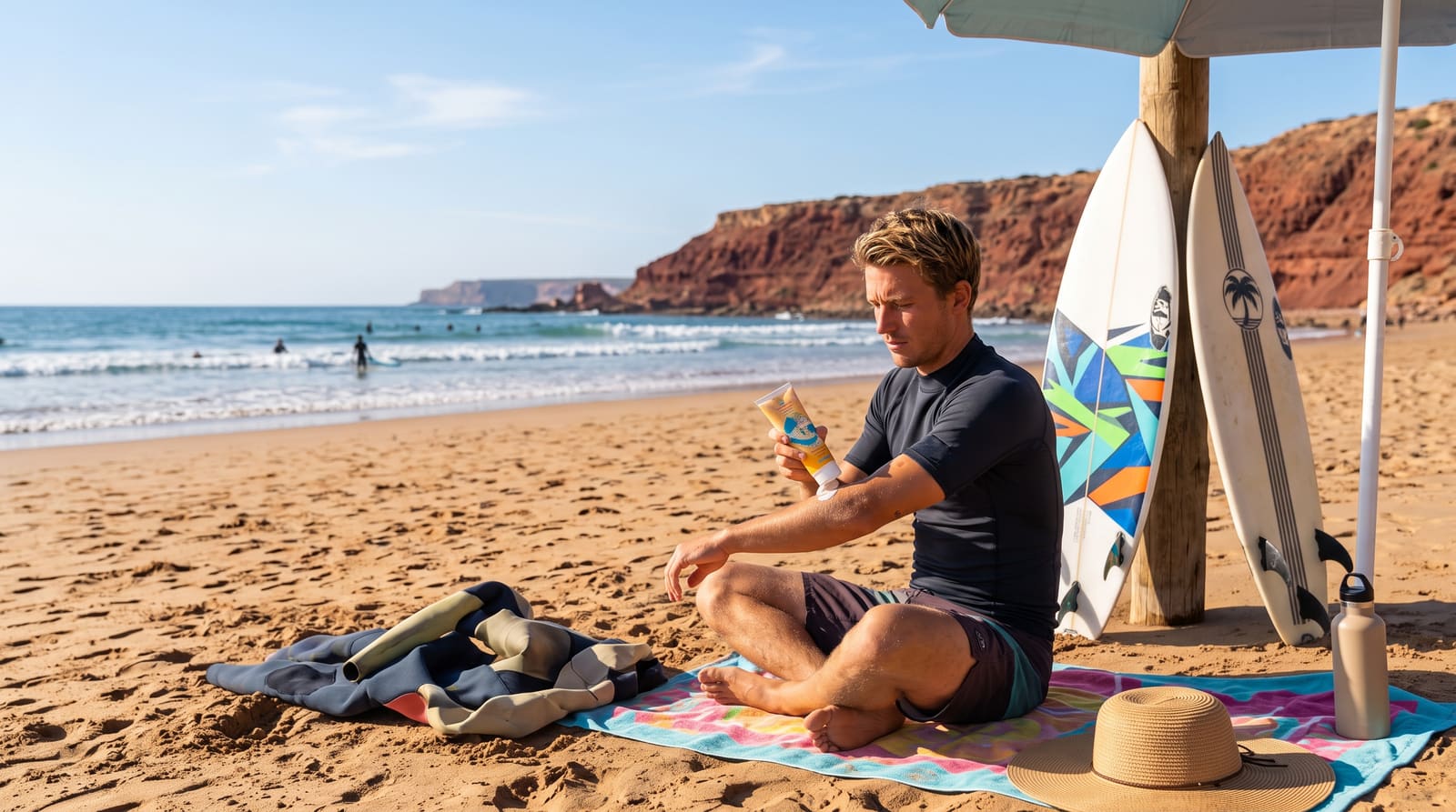 A surfer applying sunscreen before entering the water at Taghazout, Morocco, part of the practical safety planning Teefun's guides cover.