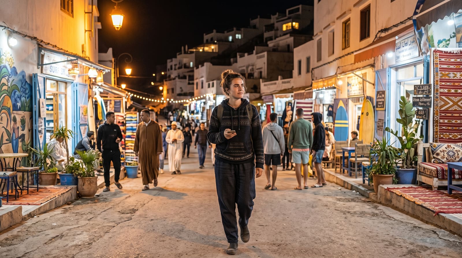 The lit beach promenade in Agadir at night, one of the areas a solo traveler on a Teefun-planned trip can walk comfortably after dark.