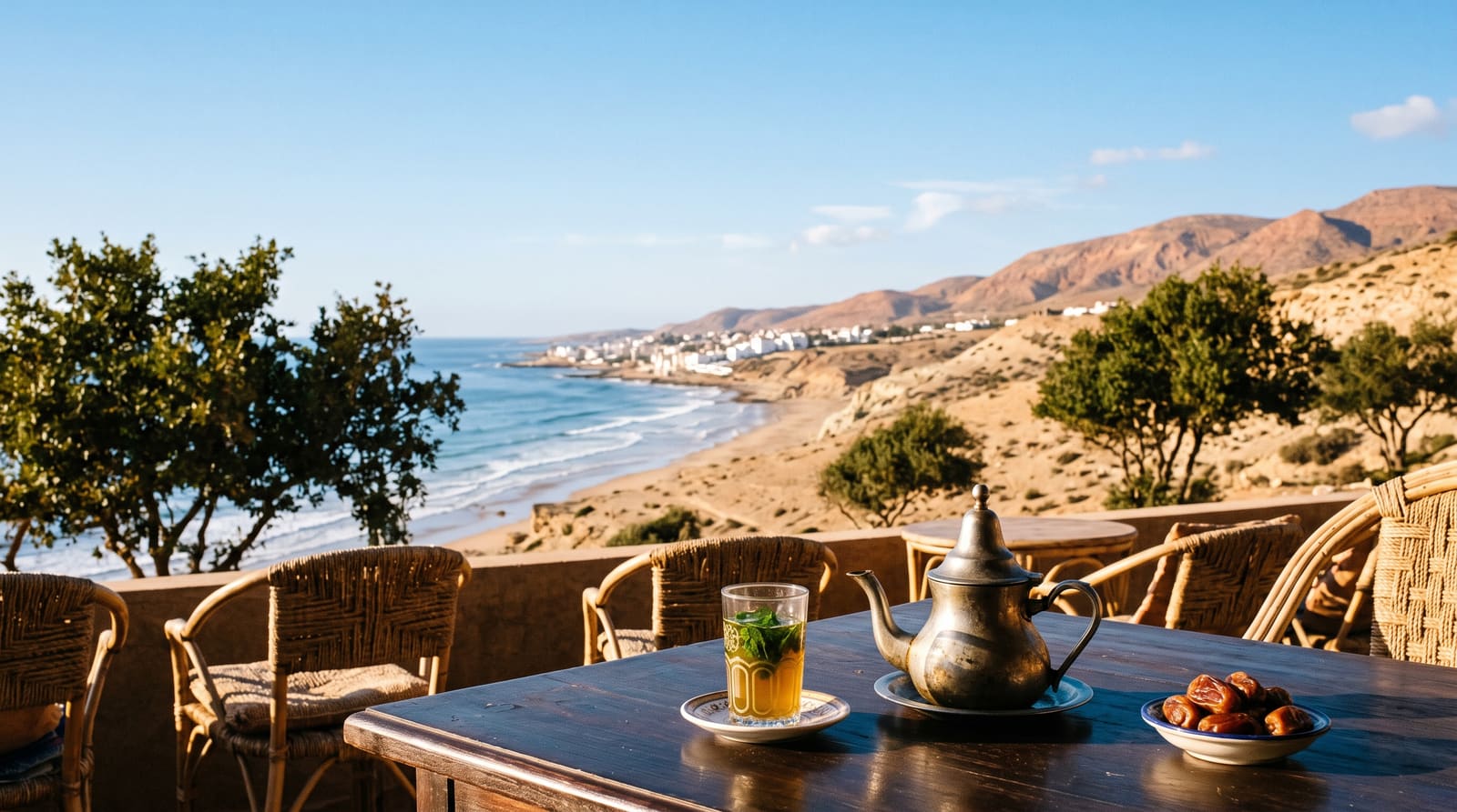 Morning light on Agadir's beach promenade, Morocco, the kind of daylight exposure Teefun helps travelers plan into an unhurried itinerary.