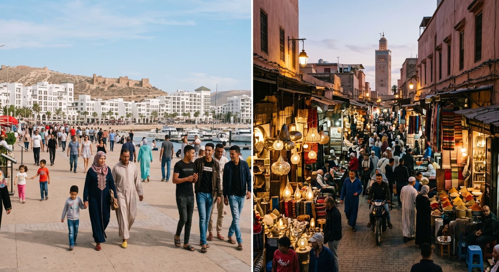 Agadir vs Marrakech: split view of Agadir's beach promenade and Marrakech's medina