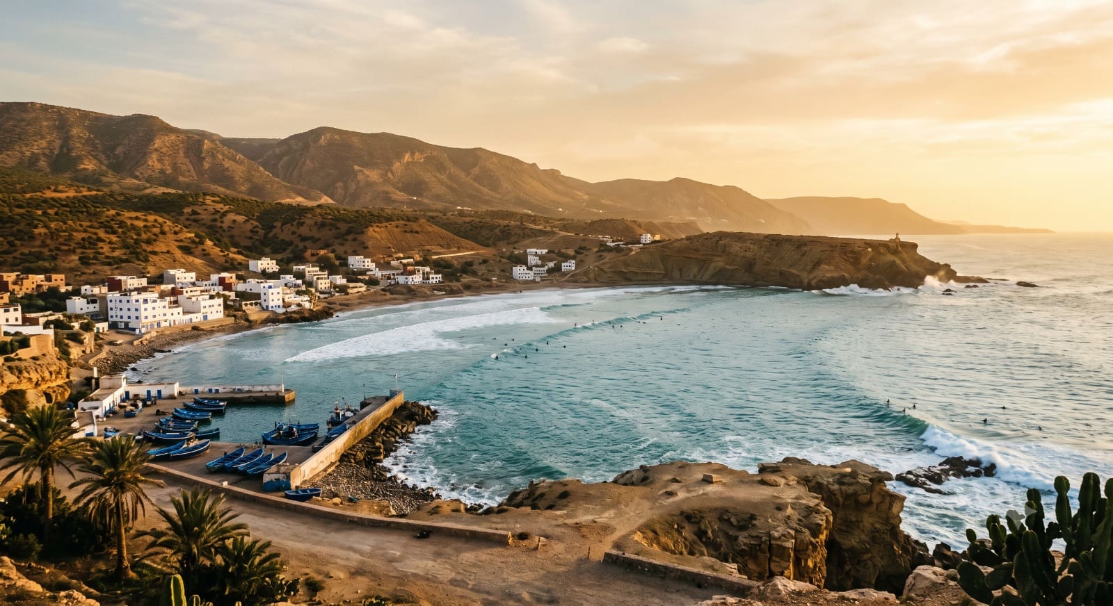 Imsouane Surf Guide: a surfer riding The Bay's long right-hand point break, Morocco