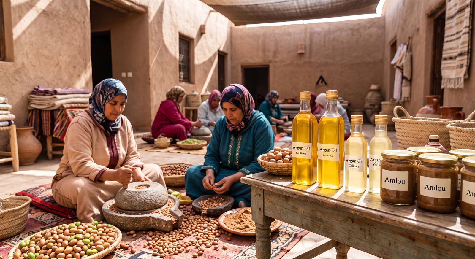 Bottles of golden argan oil at a women's cooperative near Agadir, the kind of authentic souvenir a Teefun-planned trip can help you find.
