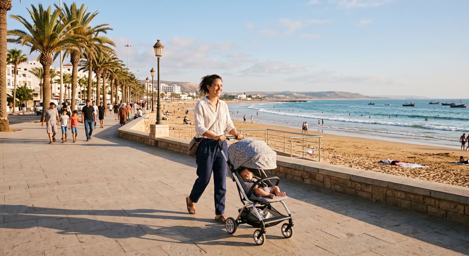 A parent pushing a stroller along Agadir's flat beach promenade, the kind of easy family logistics a Teefun-planned trip supports.