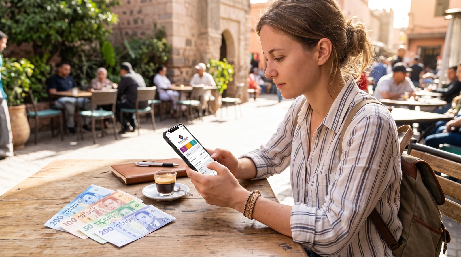 A traveler checking a banking app next to Moroccan dirham notes, part of the money setup a Teefun-planned trip covers.