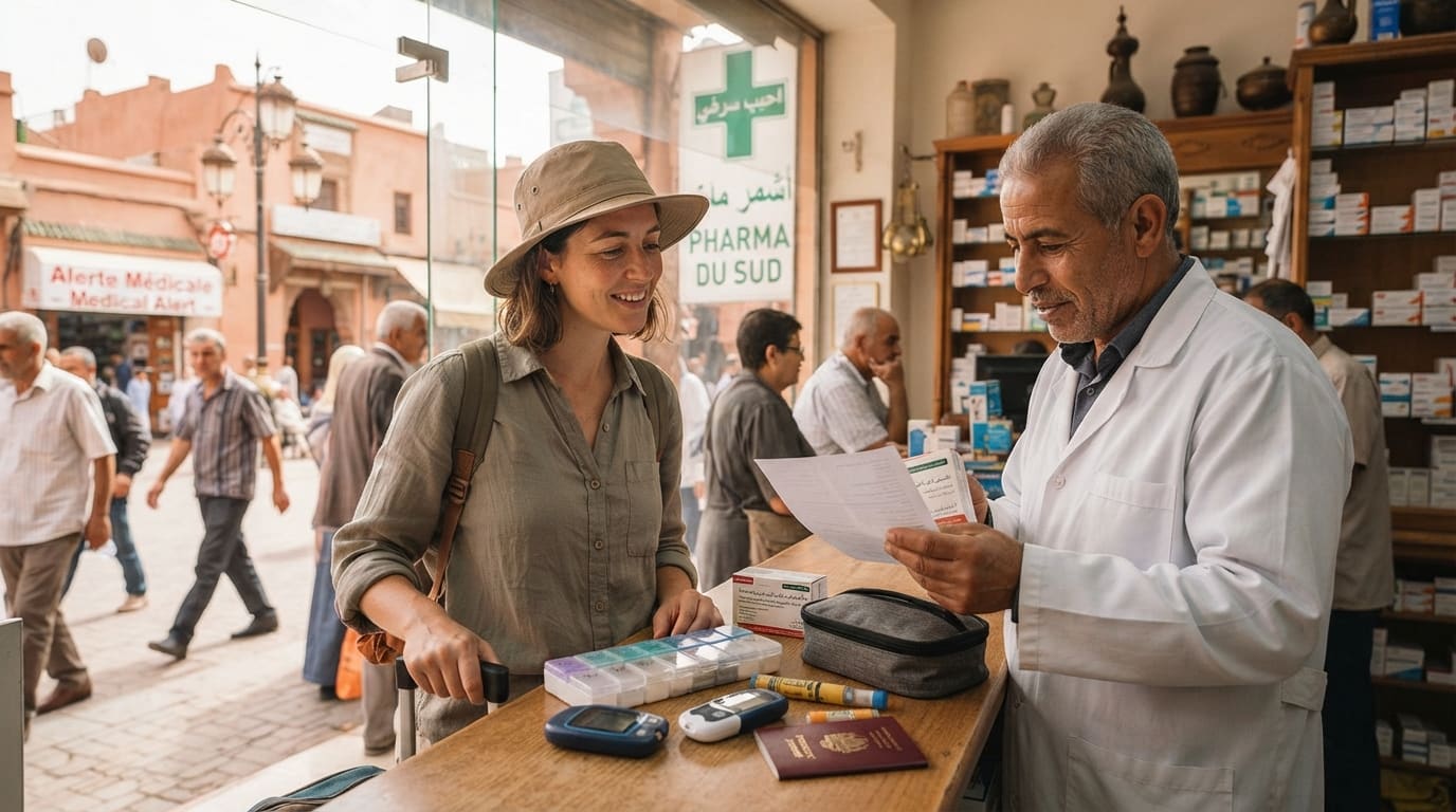 A traveler organizing prescription medication into a labeled travel case before a Teefun-planned trip to Morocco.