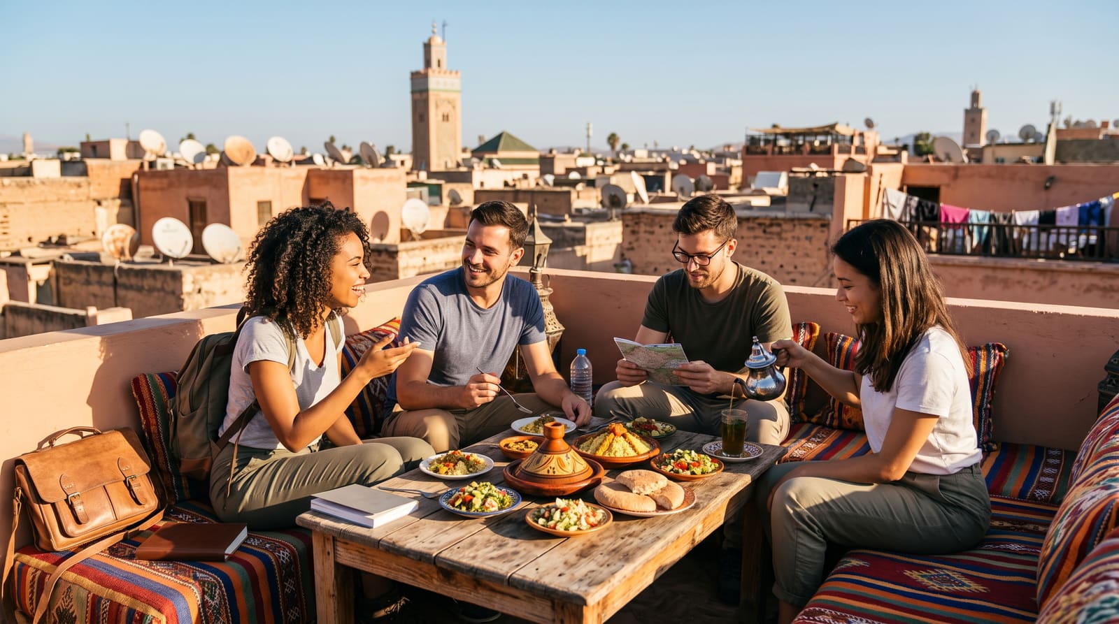 A group of friends sharing a grand taxi in Morocco, the kind of cost-splitting a Teefun-planned trip helps you calculate.