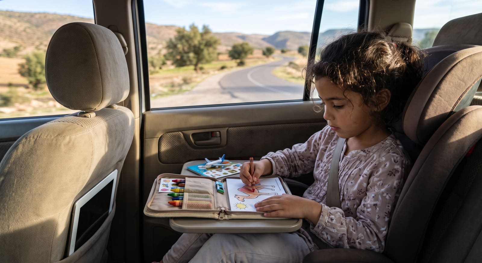 A child playing with a small travel activity kit during a car ride in Morocco, part of the practical planning a Teefun trip supports.