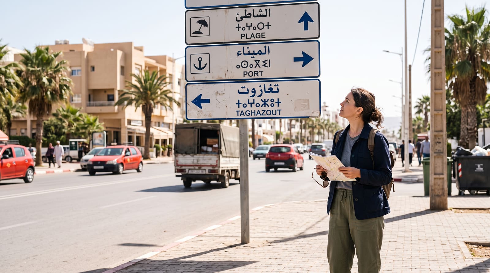 Trilingual Arabic, French and Tamazight street signage in Morocco, part of the everyday linguistic landscape a Teefun-planned trip moves through.