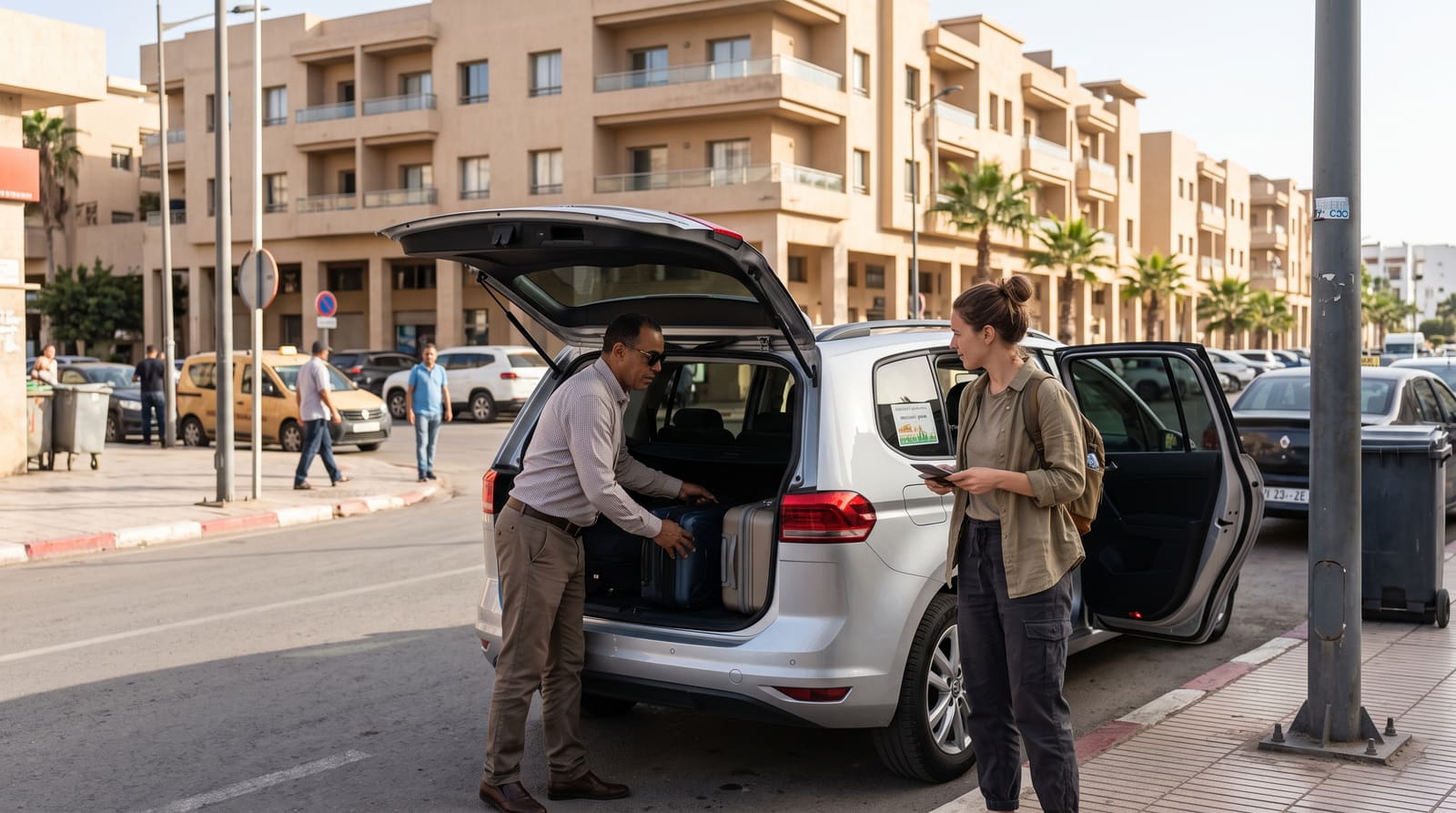 A licensed private driver loading luggage into a car in Morocco, part of a vetting guide for a Teefun-planned solo trip.