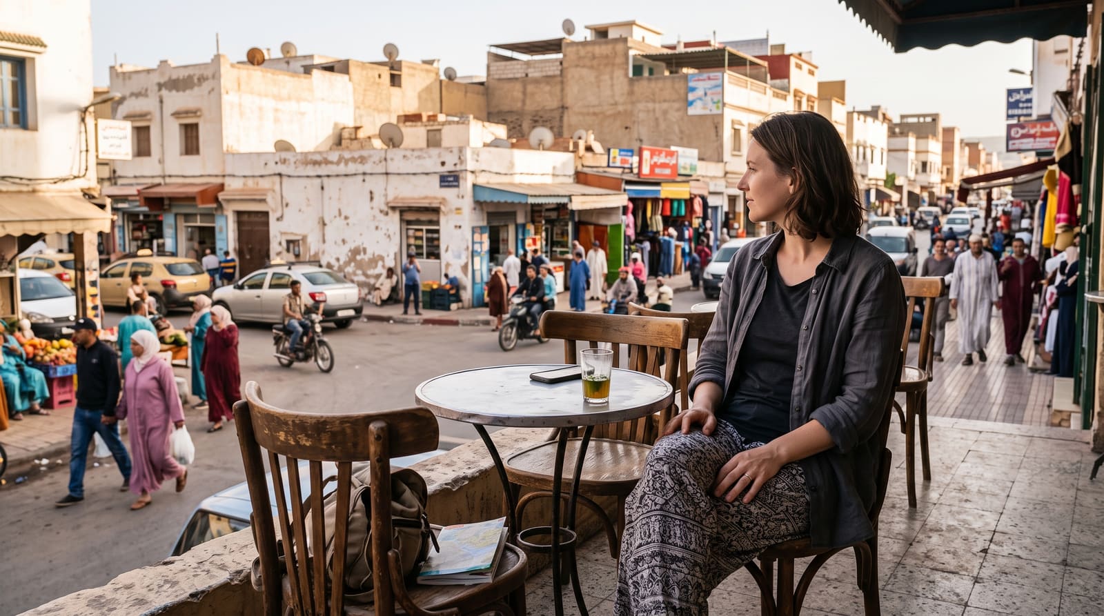 A solo female traveler walking confidently through a Moroccan market, part of a practical guide for a Teefun-planned solo trip.