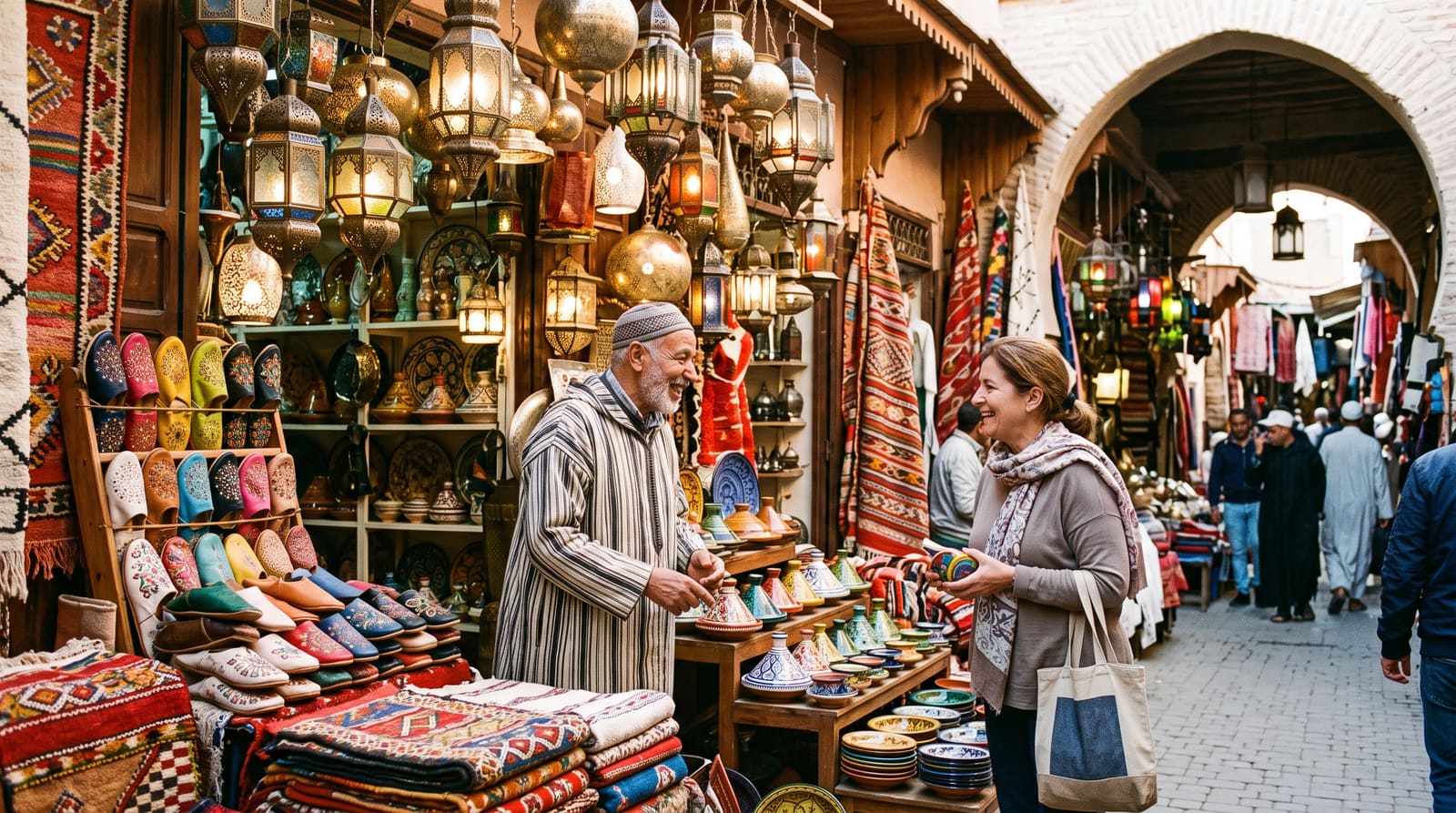 A colorful souk stall in Morocco selling lamps and textiles, part of the practical shopping know-how a Teefun-planned trip covers.