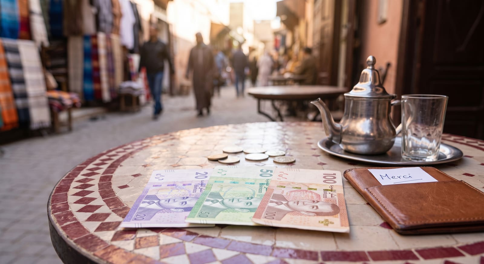 Billets et pièces de dirhams marocains sur une table de café, la petite monnaie à garder sur soi pour les pourboires lors d'un voyage préparé avec Teefun.