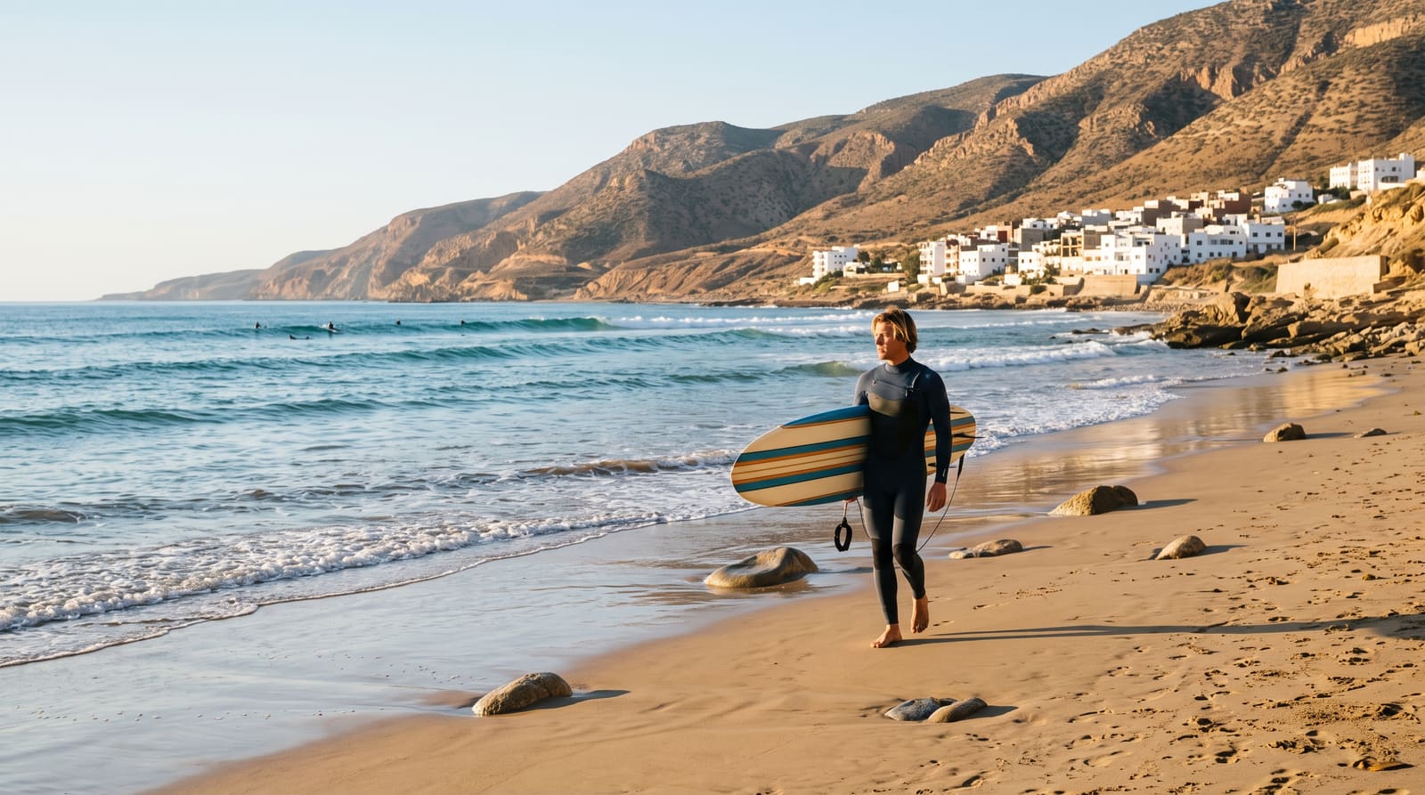 A surfer checking gear on the beach at Taghazout, Morocco, the kind of activity worth confirming is covered before a Teefun-planned trip.
