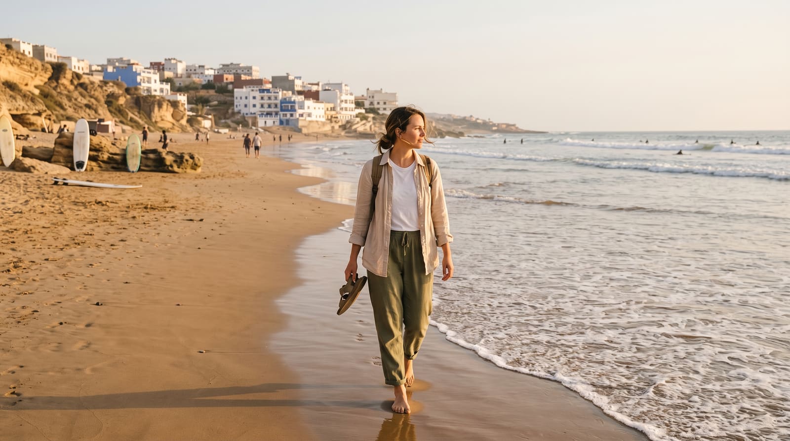 A solo female traveler walking along the beach in Taghazout, Morocco, part of an honest comparison for a Teefun-planned solo trip.