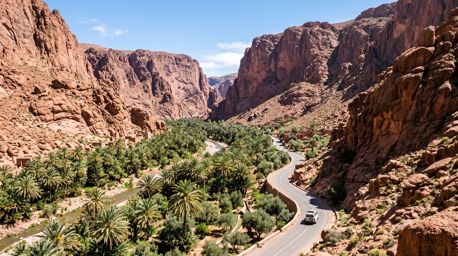 Date palms lining the floor of the Aït Mansour gorge near Tafraout, a scenic valley walk on a Teefun-planned Anti-Atlas trip.