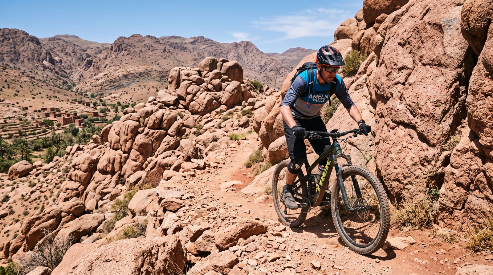 A mountain bike trail winding through the pink granite landscape near Tafraout, part of a Teefun-planned Anti-Atlas adventure.