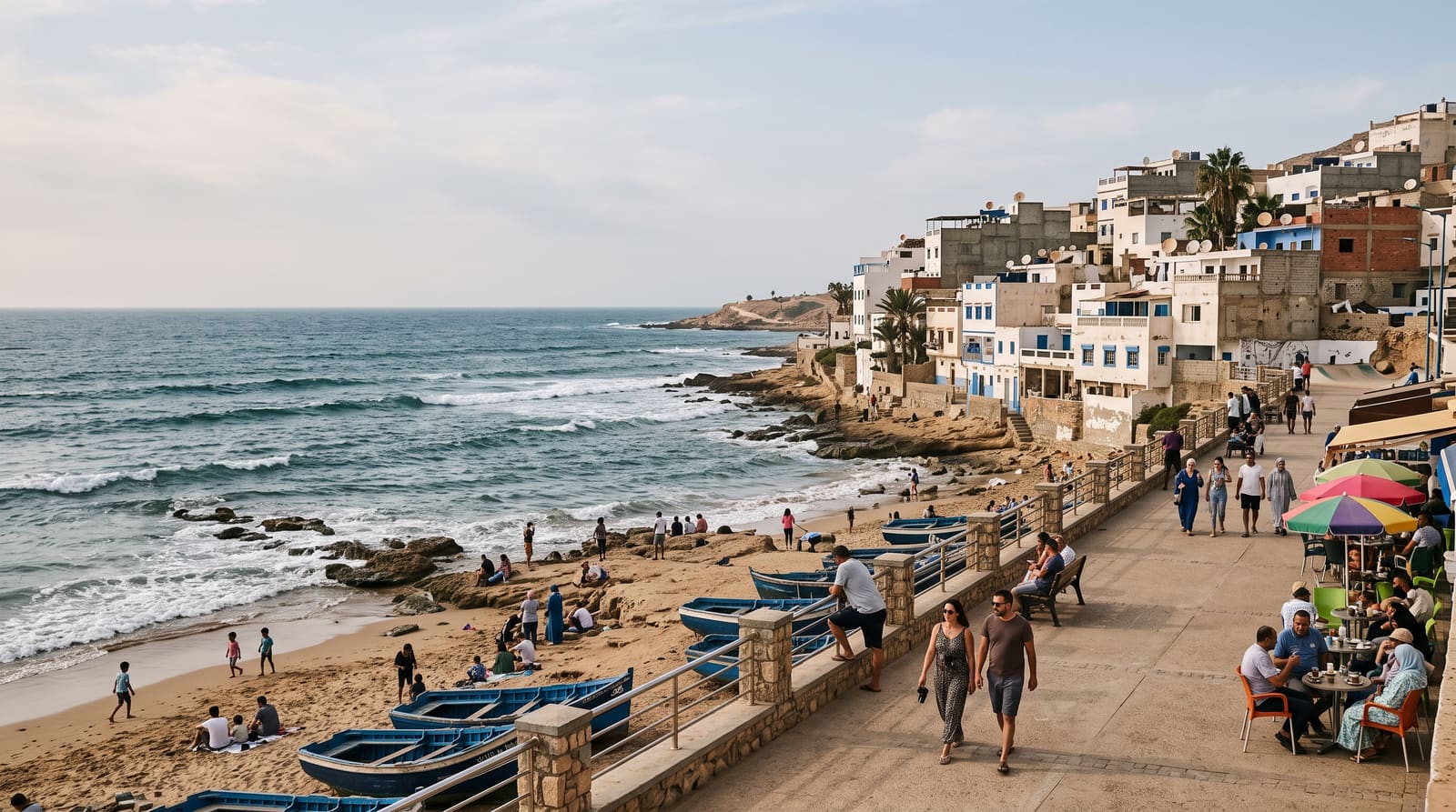 Un téléphone posé à côté de la côte de Taghazout tandis qu'un surfeur profite de l'océan.