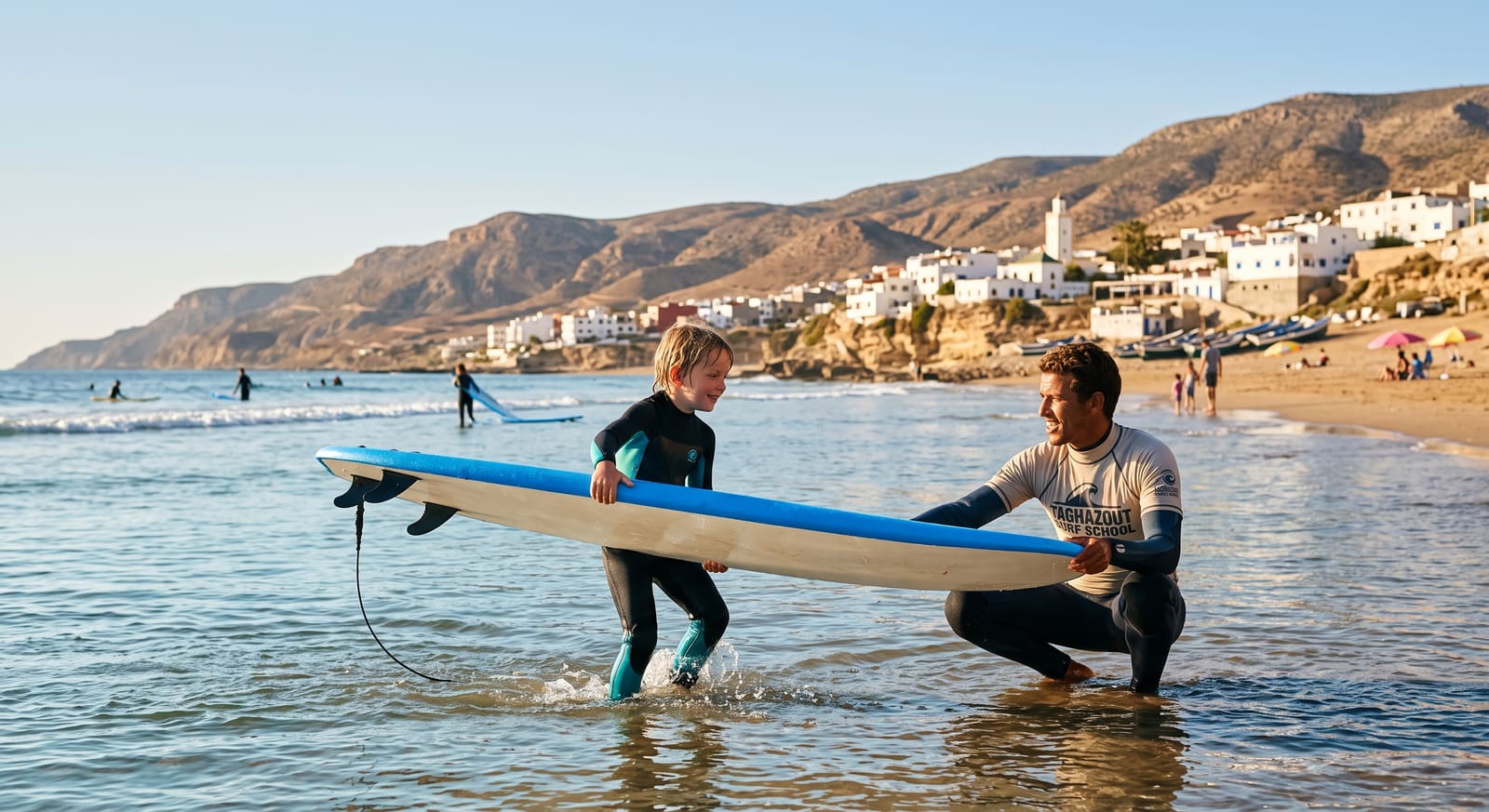 A child taking a surf lesson on a calm beach near Taghazout, part of a family trip planned with Teefun.